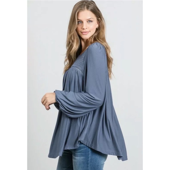 SOLD OUT Steel Blue Modal Long Sleeve Smocked Lace Tunic - Picture 3 of 6